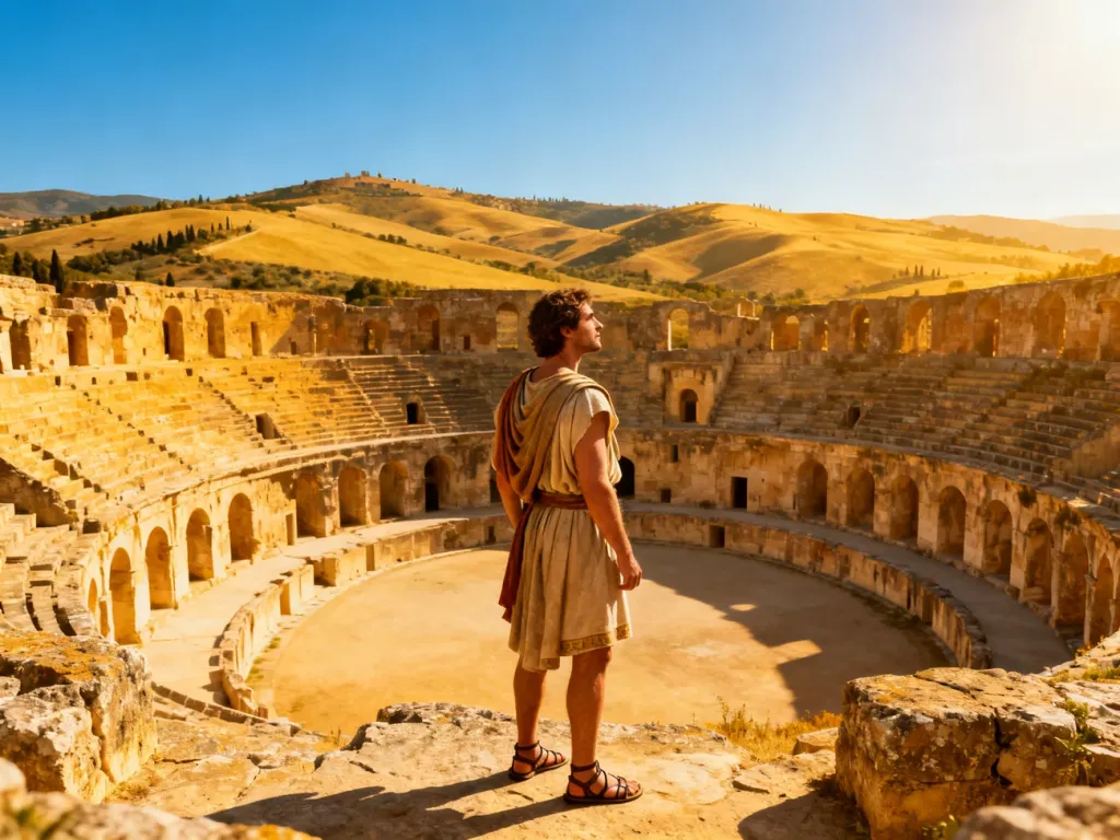 Mężczyzna w stroju rzymskiego gladiatora stoi na tle toskańskiego krajobrazu i antycznej areny.