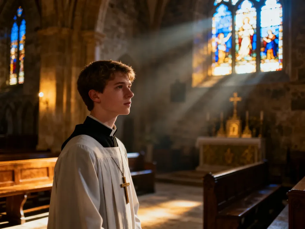 Ministrant w historycznym, słabo oświetlonym kościele, w którym promienie słońca wpadają przez witraże.