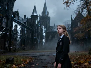 Szlachcic na dziedzińcu zabytkowego zamku podczas zachodu słońca, w scenerii przypominającej film „Potop”.
