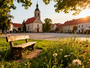 Szlachcic w stroju z epoki stoi przed zabytkowym dworkiem otoczonym polami w świetle zachodzącego słońca.