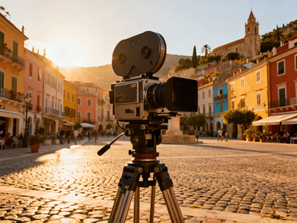 Profesjonalna kamera filmowa na statywie ustawiona na zabytkowym rynku w słonecznym europejskim mieście.