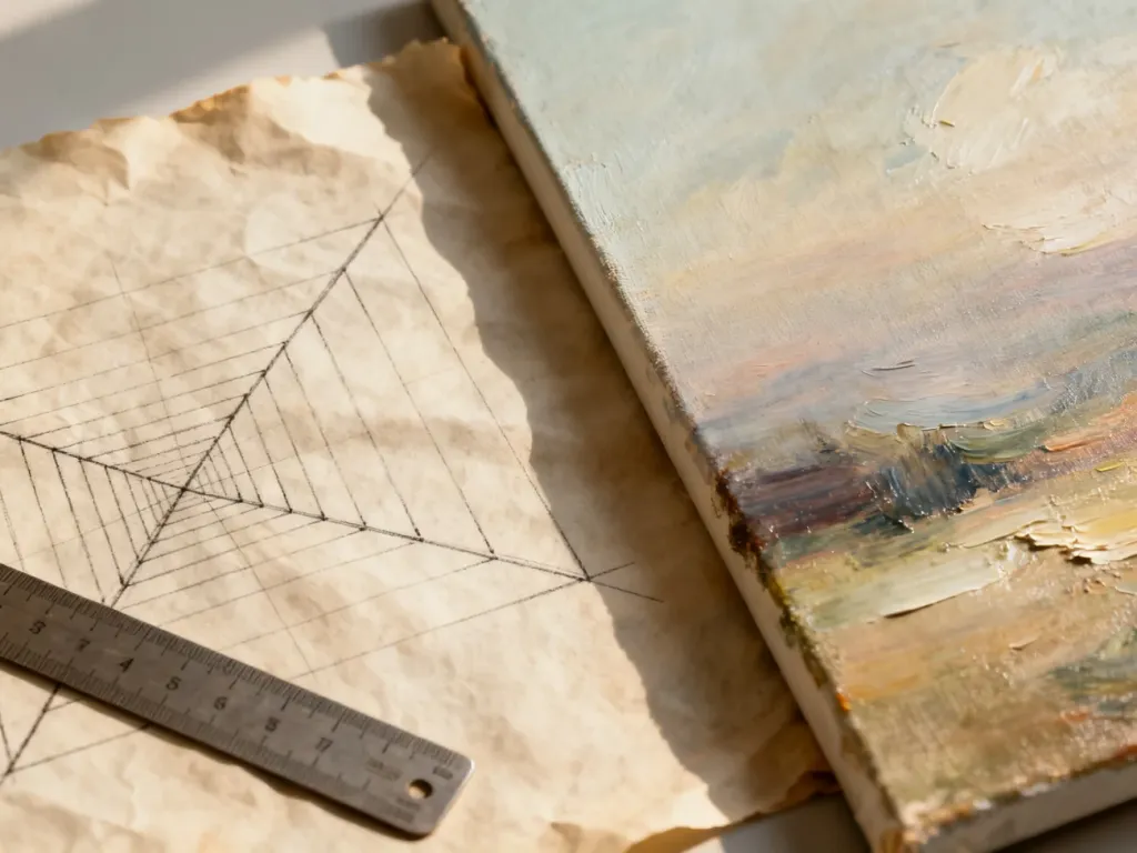 Zestawienie geometrycznej perspektywy linearnej z miękkimi, malarskimi pociągnięciami pędzla na płótnie.
