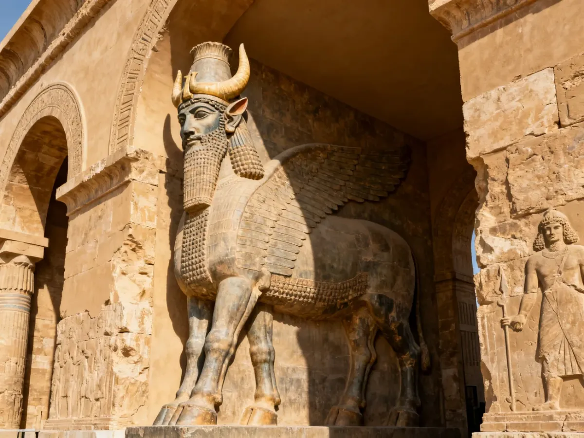 Asyryjski lamassu strzegący wejścia do pałacu