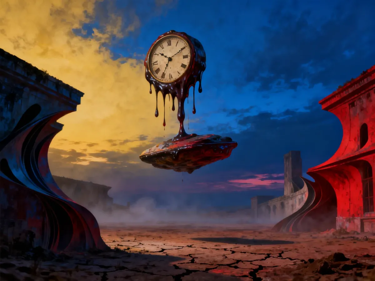 Surreal dreamscape with melting objects and floating forms