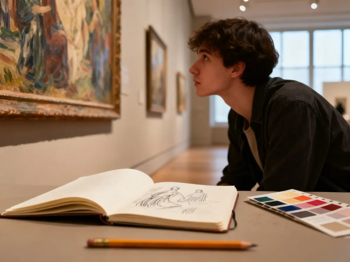 Art student analyzing a painting in a gallery