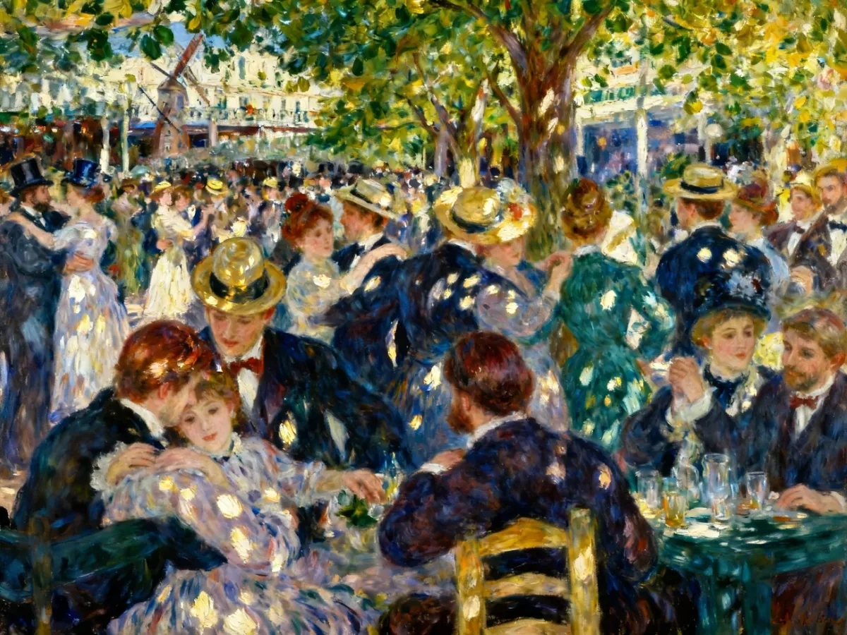 Tłum tańczący i rozmawiający w Moulin de la Galette