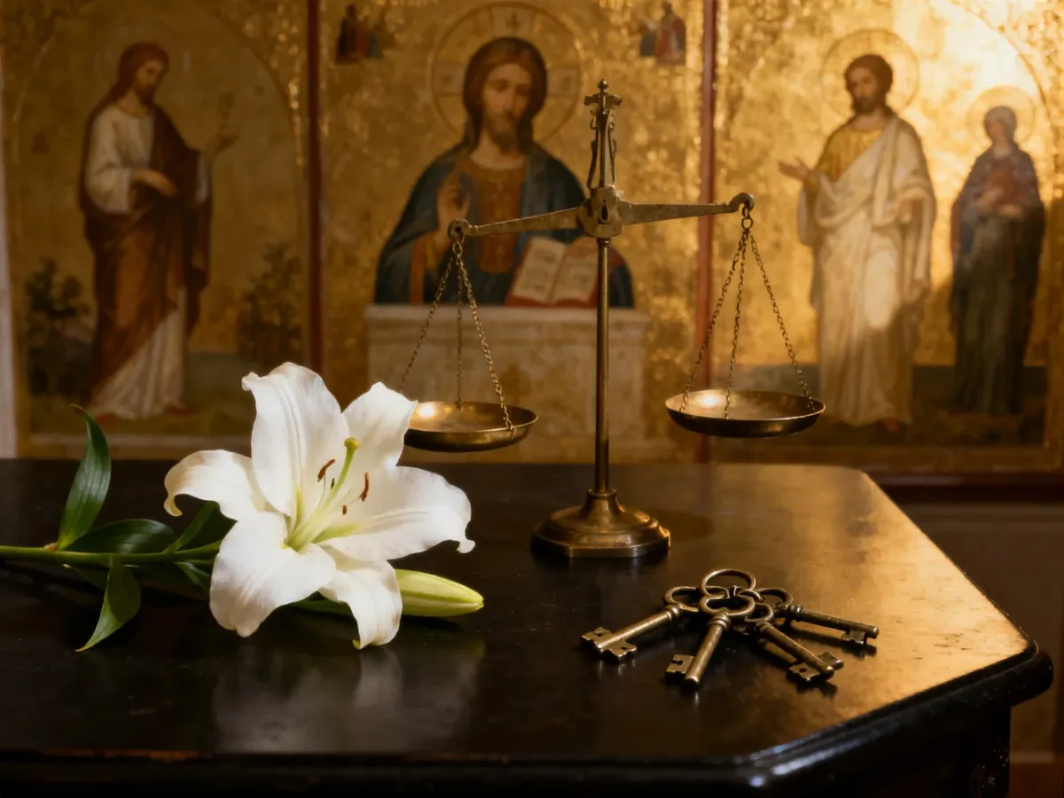 Scales, keys, and a lily representing artistic symbols