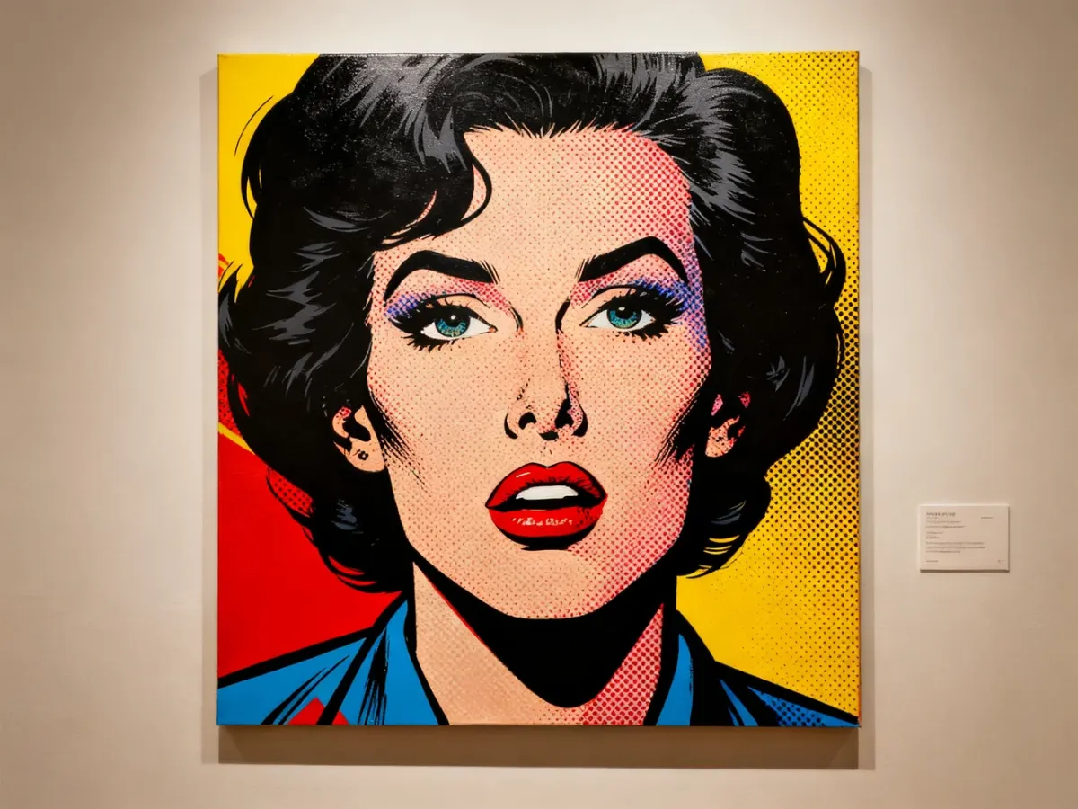 Obraz w stylu komiksowego pop-artu z grubym konturem i punktami rastrowymi