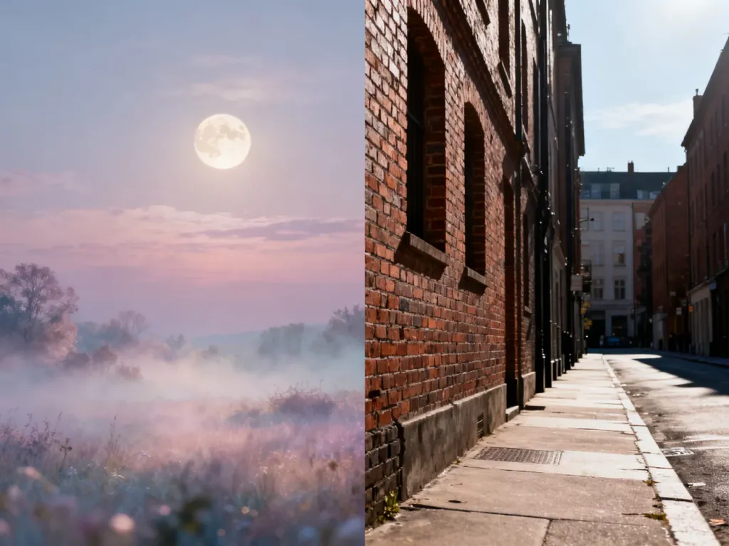 Zestawienie onirycznego, romantycznego krajobrazu z surową, realistyczną sceną miejską, ukazujące kontrast obu epok.