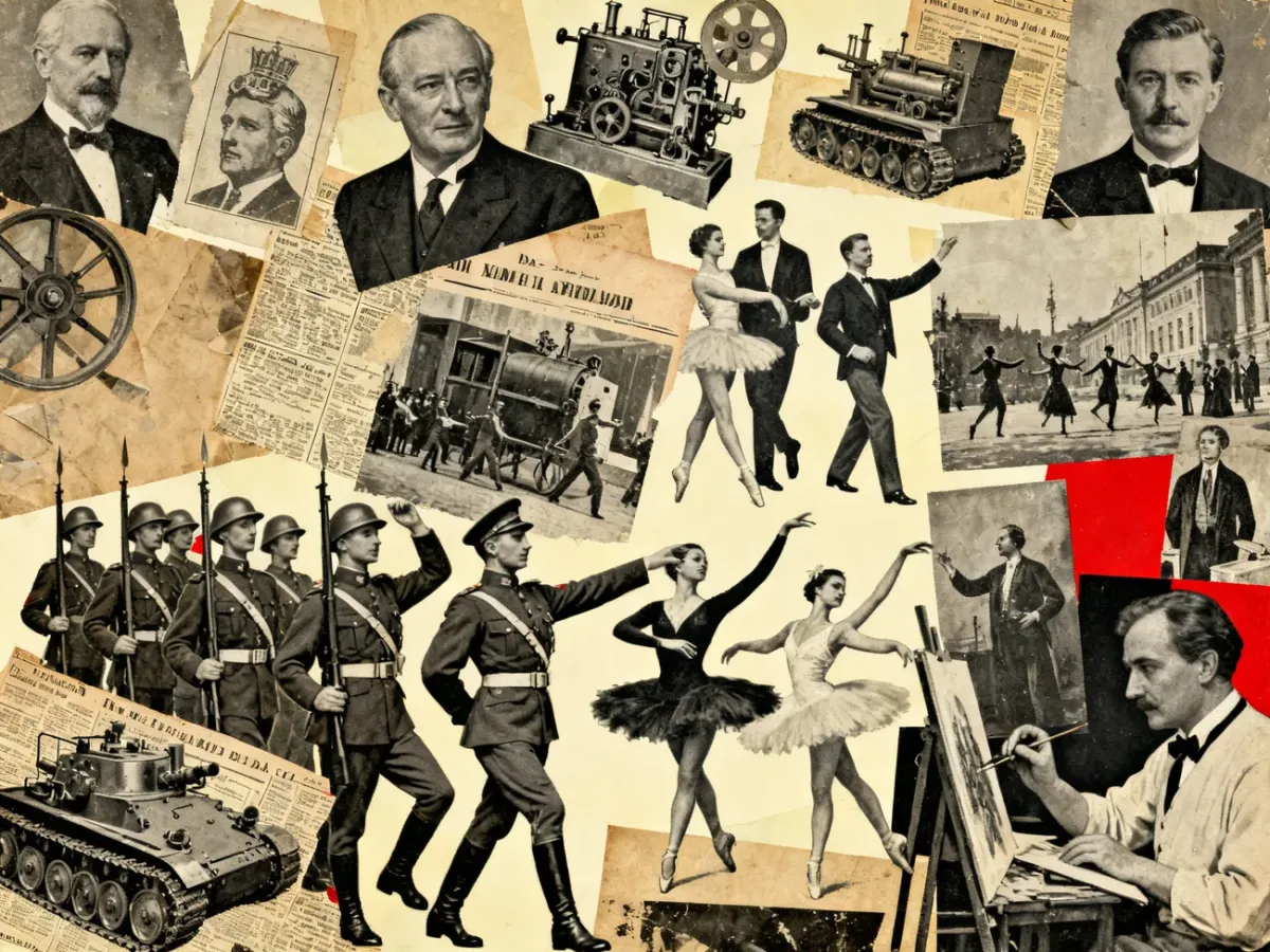 Dadaist photomontage filled with fragmented figures, newspaper images, and political imagery