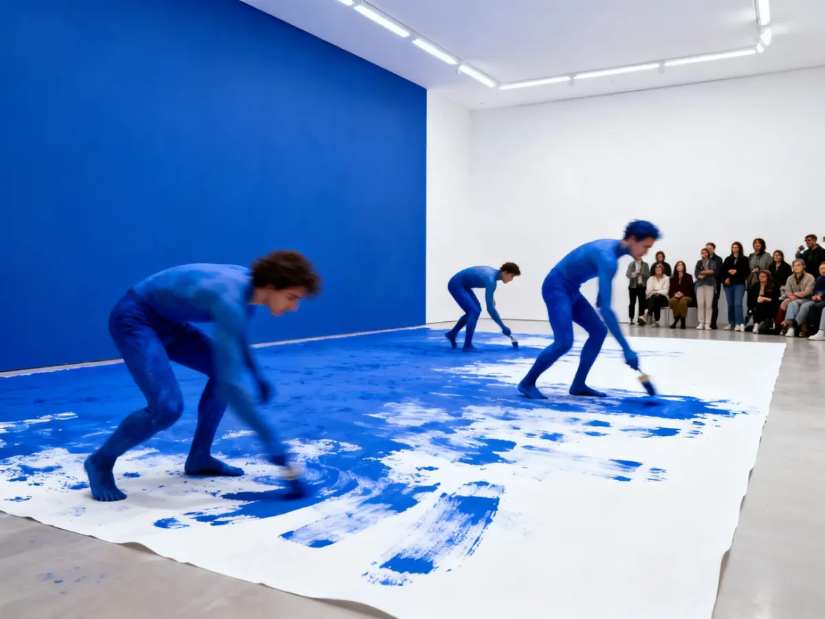 Performance artists creating blue body prints before an audience