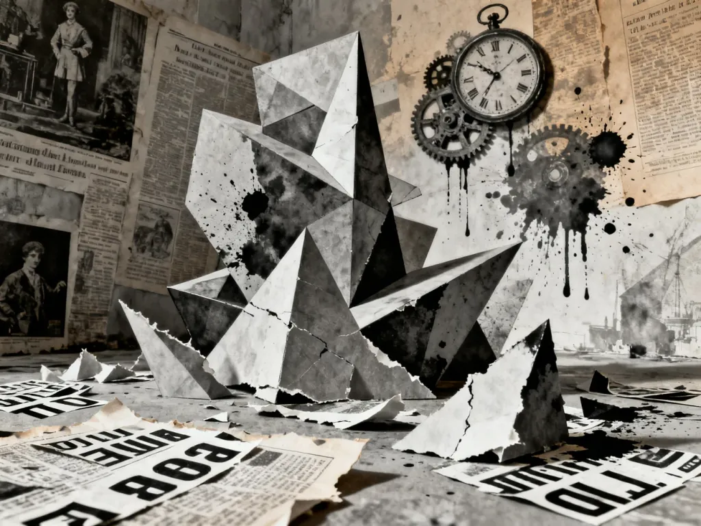 Surrealistyczny kolaż dadaistyczny z wycinkami gazet, geometrycznymi kształtami i elementami mechanizmu zegarowego.