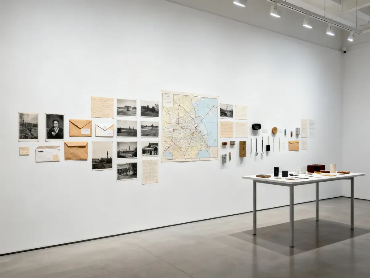 Galeria z archiwalnymi fotografiami, mapami i przedmiotami dokumentującymi alternatywny obieg sztuki