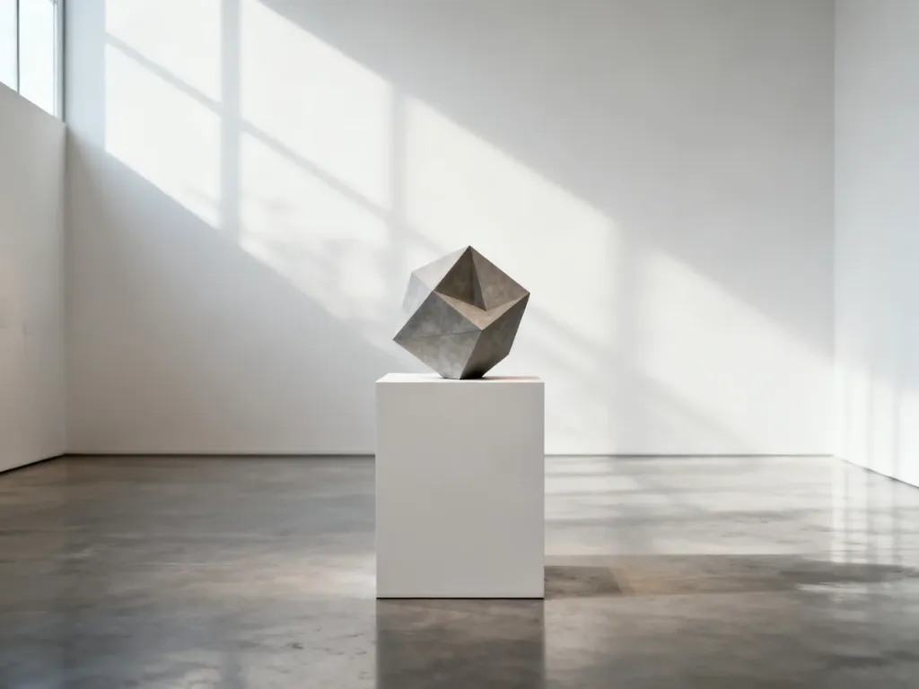 Minimalistyczna rzeźba geometryczna na białym postumencie w jasnej galerii sztuki, ilustrująca istotę sztuki konceptualnej.