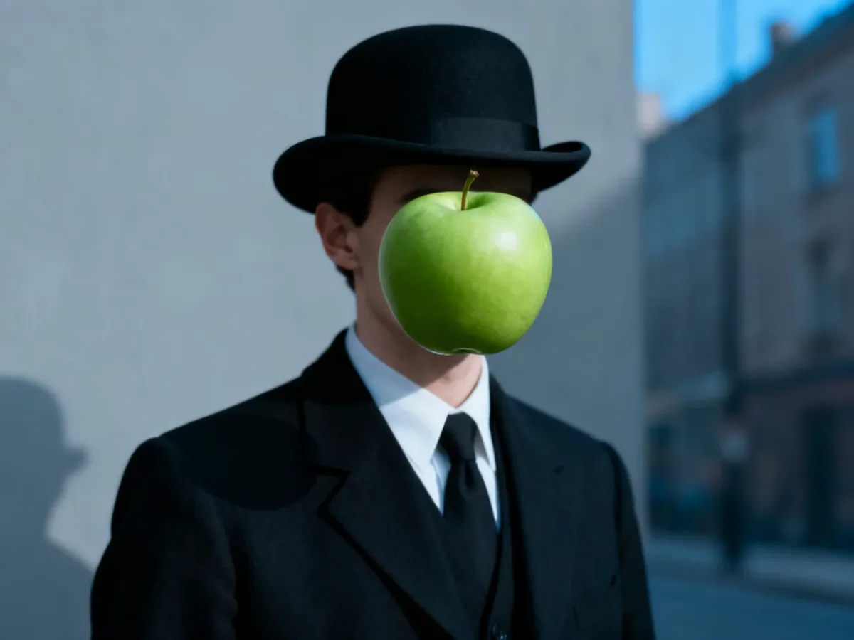 Surrealist man in a bowler hat with his face hidden by an apple