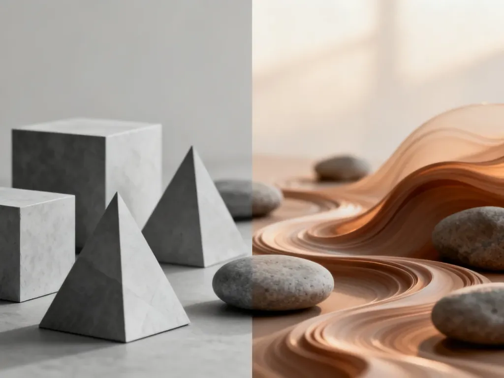 Zestawienie ostrych, geometrycznych brył z płynnymi, organicznymi formami inspirowanymi naturą.
