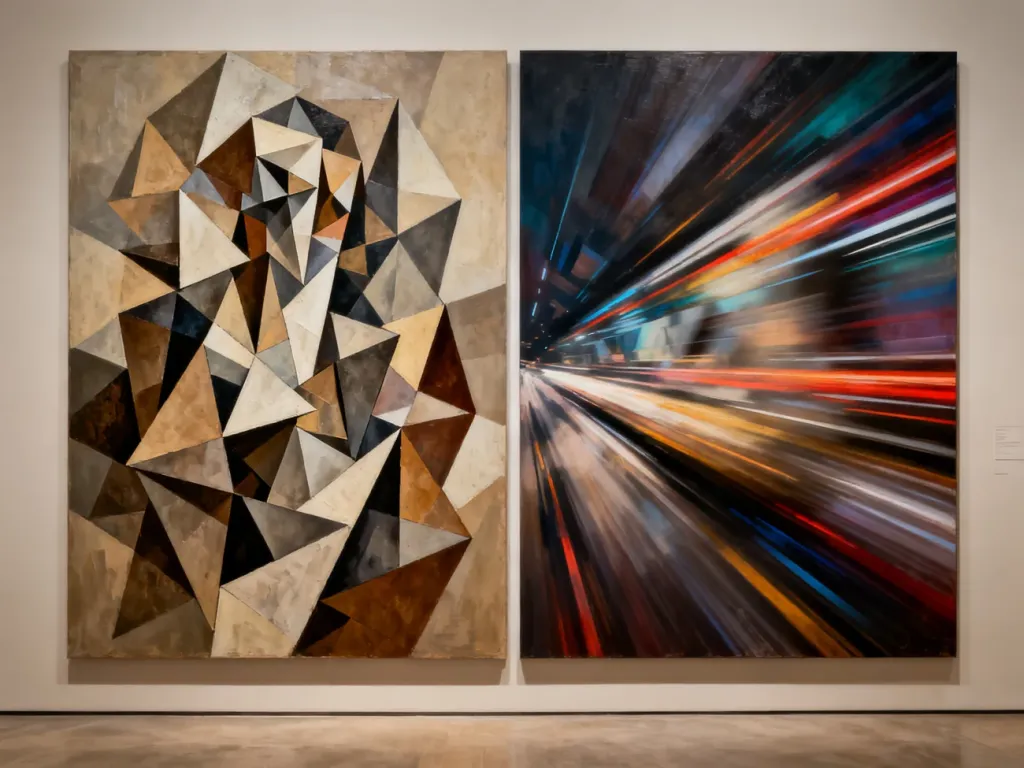 Abstrakcyjna kompozycja zestawiająca geometryczny kubizm z dynamicznym, pełnym ruchu futuryzmem.