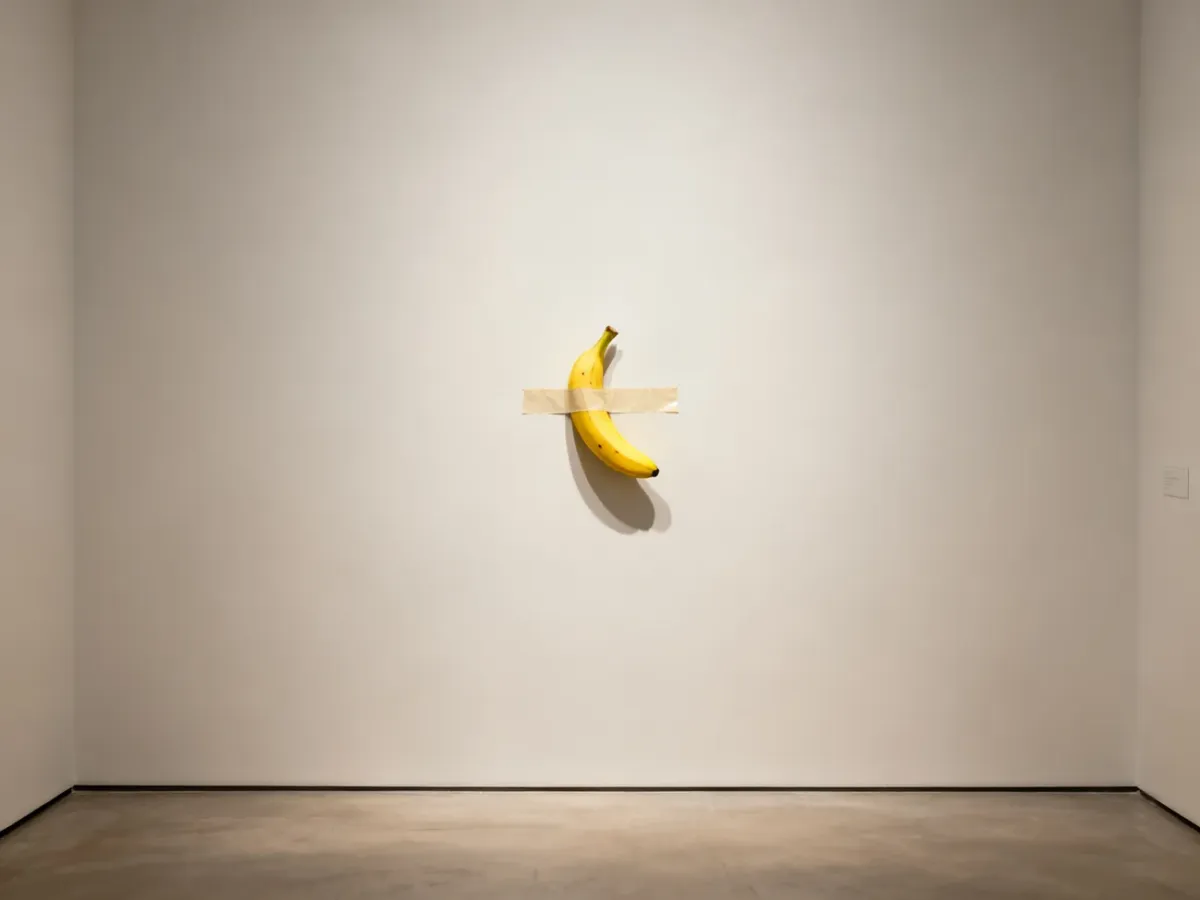 Banan przyklejony taśmą do ściany galerii