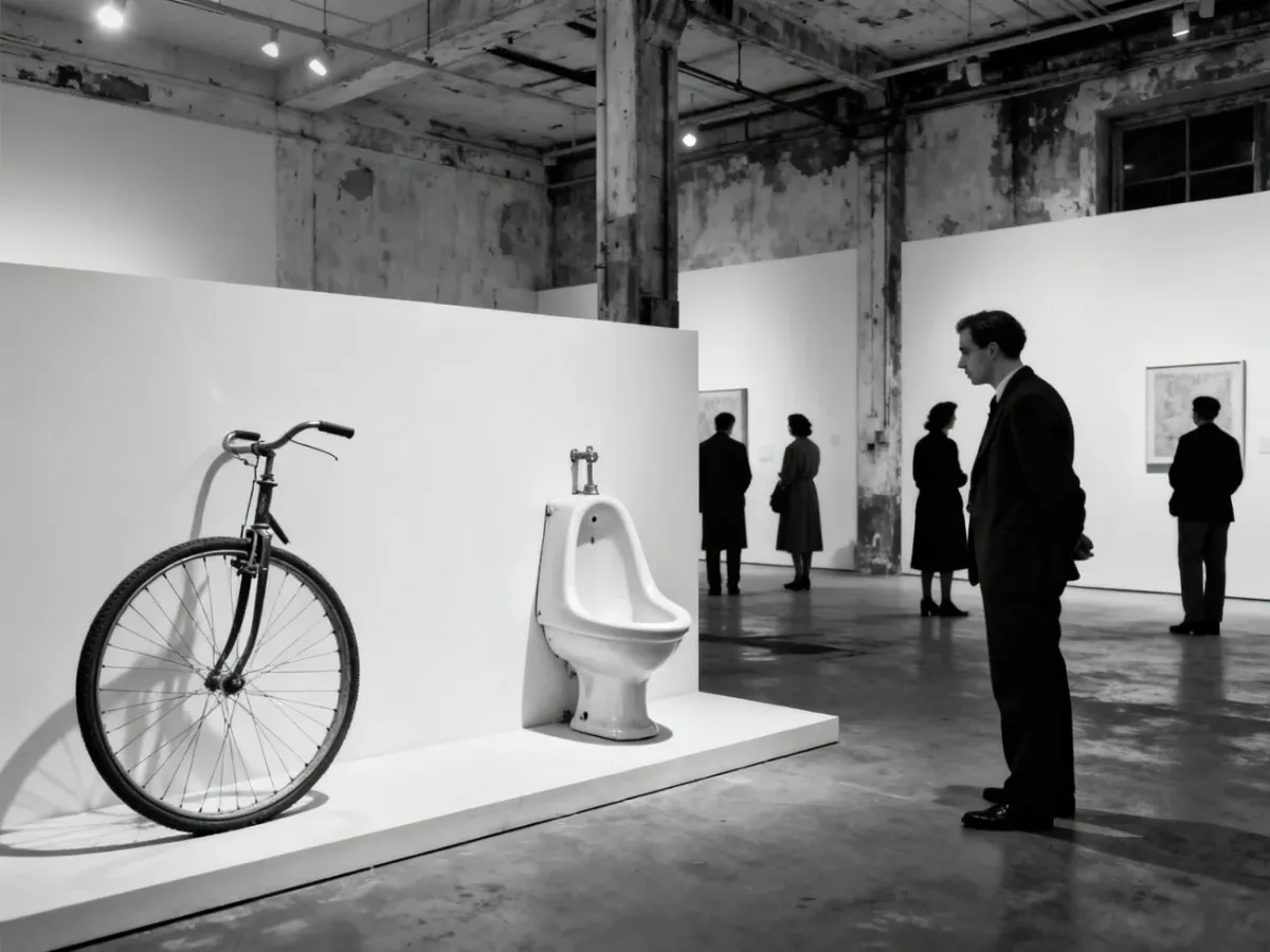 Dadaist ready-made objects displayed in an avant-garde gallery