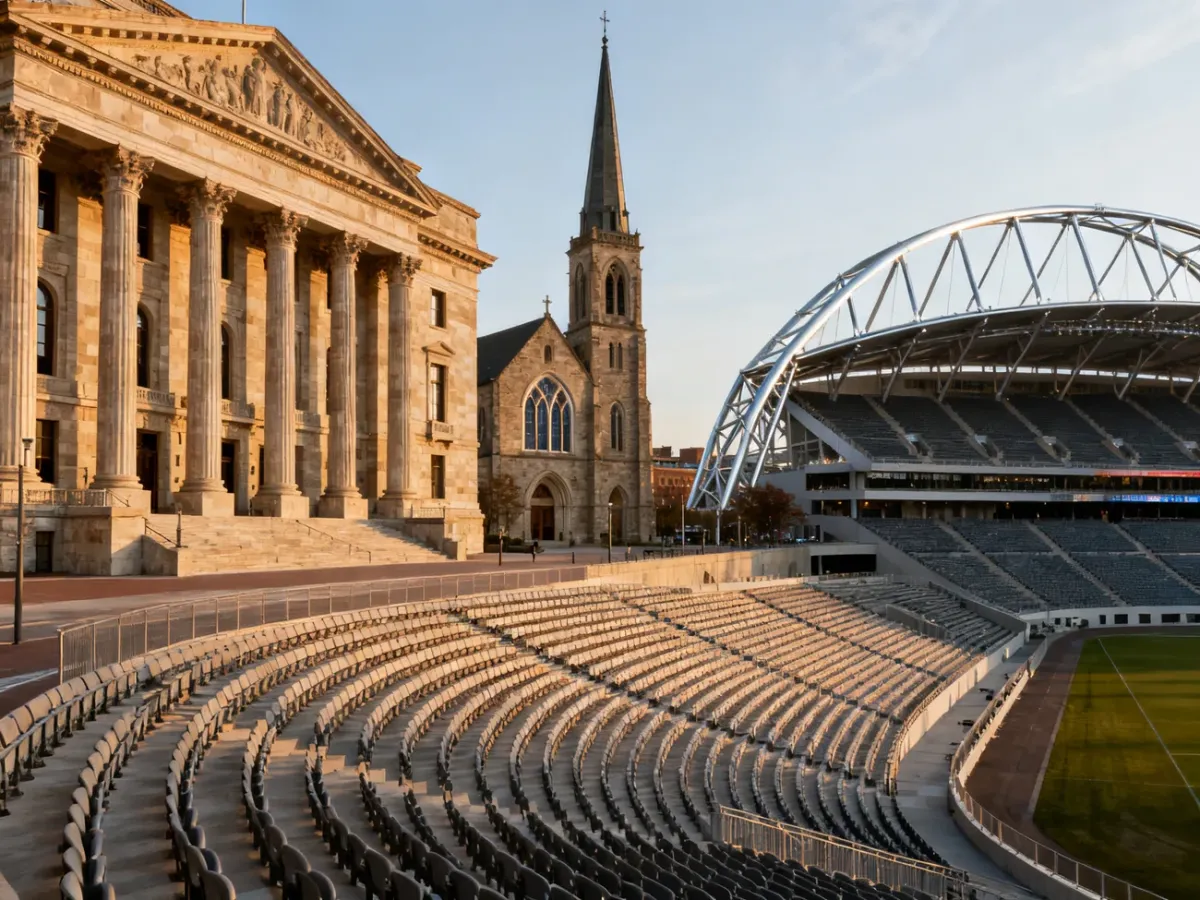 Różnorodne przykłady architektury: ratusz, kościół i stadion