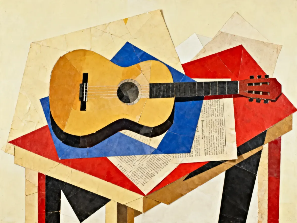 Kolaż kubistyczny z uproszczoną gitarą i fragmentami papieru
