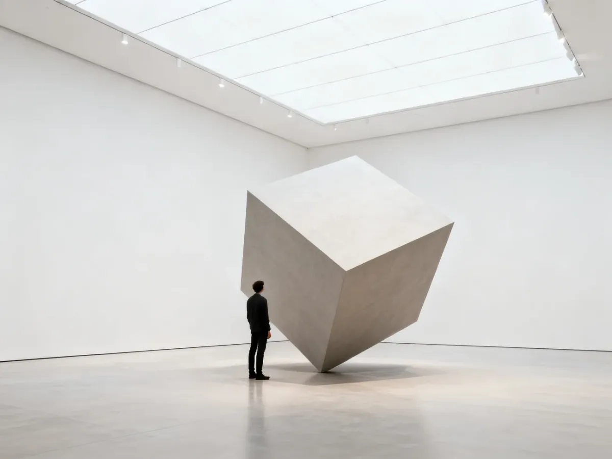Widz obserwujący geometryczny obiekt minimalistyczny w przestrzeni galerii