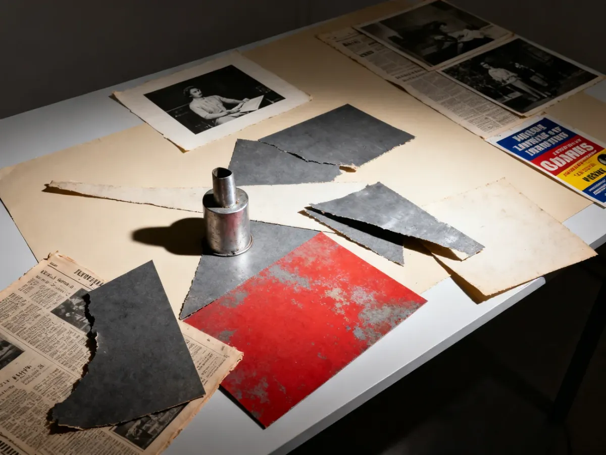 Dada collage materials arranged beside an everyday found object