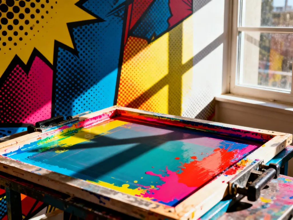 Wnętrze pracowni artystycznej z ramą do sitodruku i kolorowymi wzorami w stylu pop-art, nawiązujące do estetyki tego nurtu.