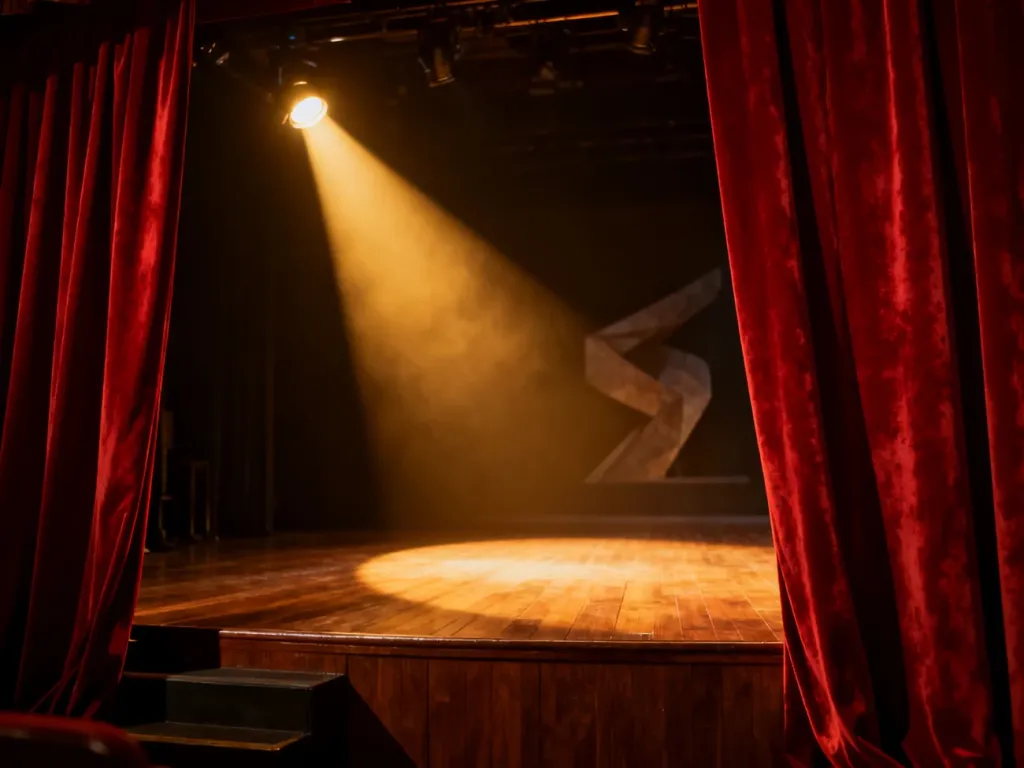 Oświetlona scena teatralna z czerwonymi kurtynami, symbolizująca przestrzeń dla sztuk performatywnych.