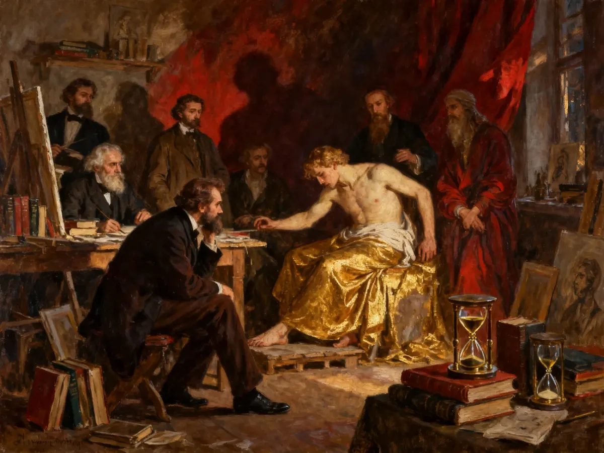 Symbolist painting filled with historical figures, books, and hourglasses