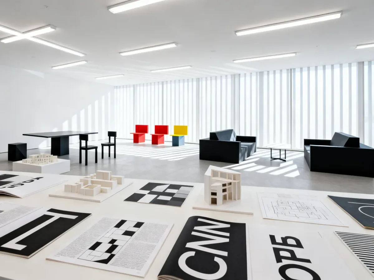 Modernistyczne wnętrze łączące architekturę, typografię i funkcjonalny design