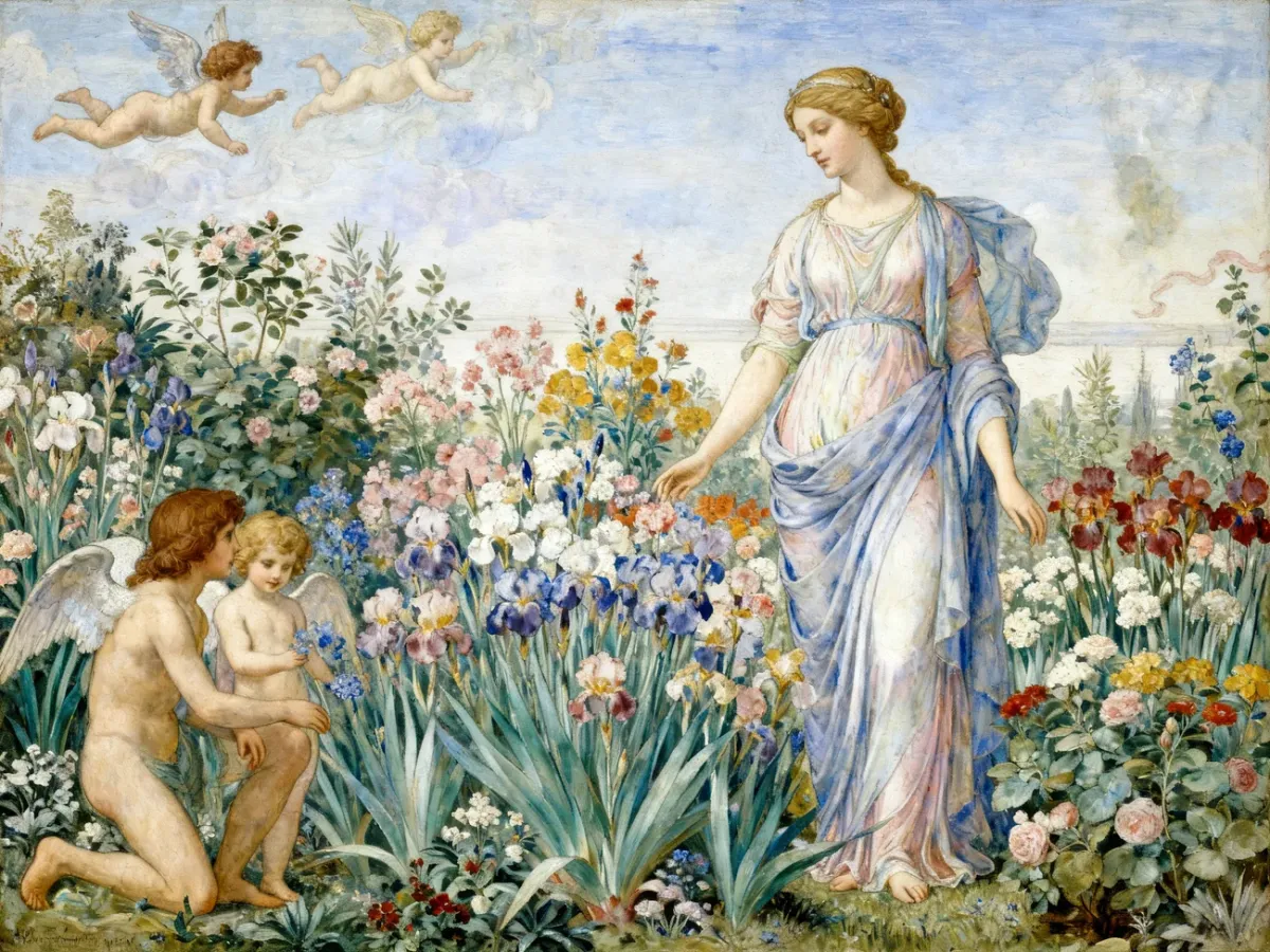 Poetycka scena mitologiczna w stylu Botticellego w kwitnącym ogrodzie
