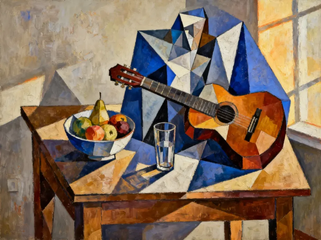 Martwa natura w stylu kubistycznym: gitara, kieliszek i owoce przedstawione za pomocą geometrycznych, rozbitych form.