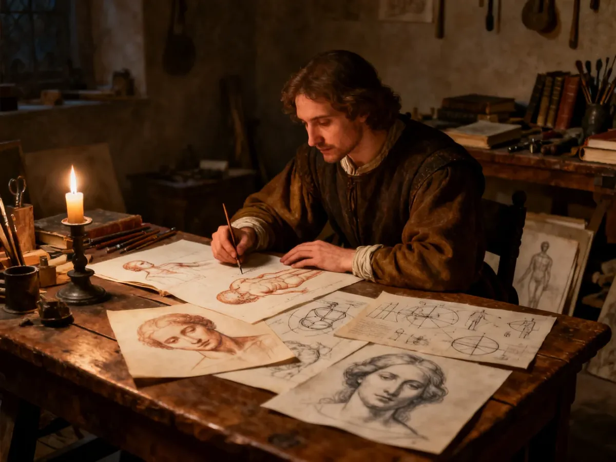 Pracownia Leonarda da Vinci z rysunkami anatomii i studiami ludzkiej twarzy