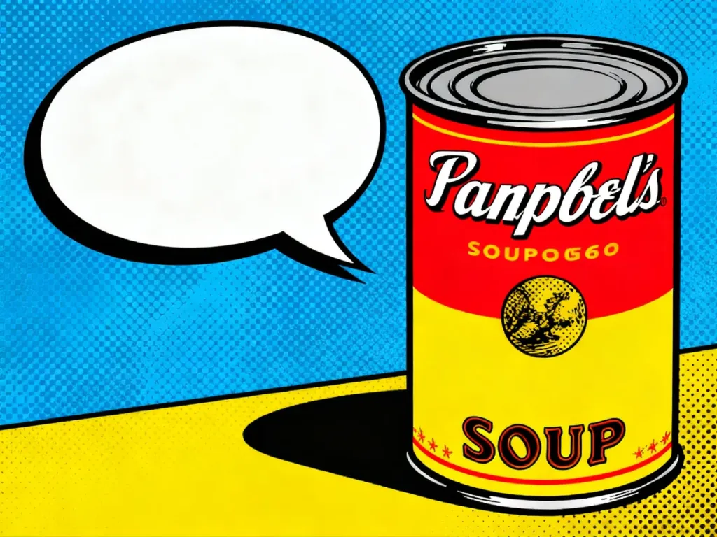 Barwna kompozycja w stylu pop-art z puszką zupy i dymkiem komiksowym, utrzymana w wyrazistej estetyce lat 60.
