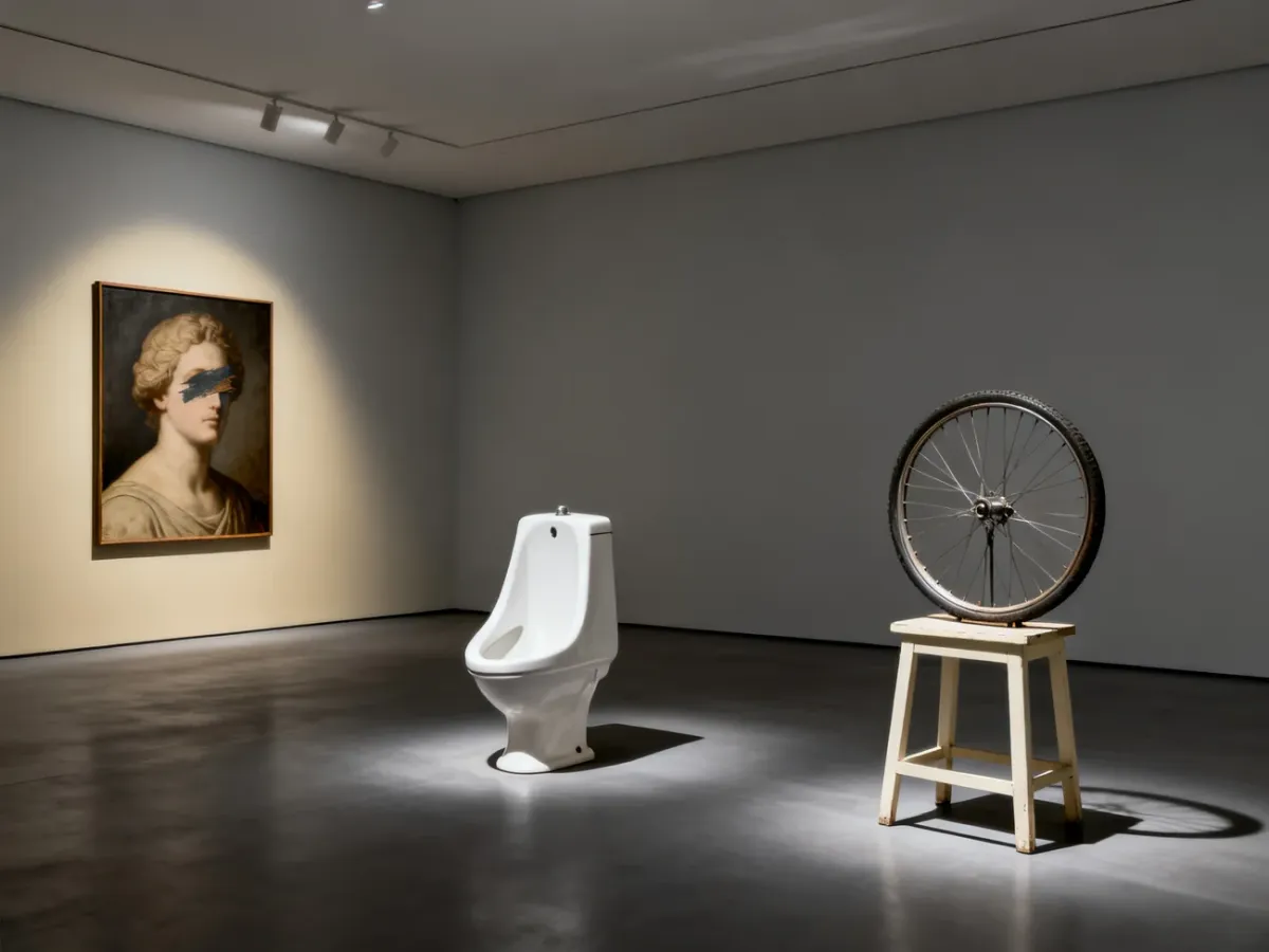 Dadaist ready-made objects displayed in a minimalist gallery