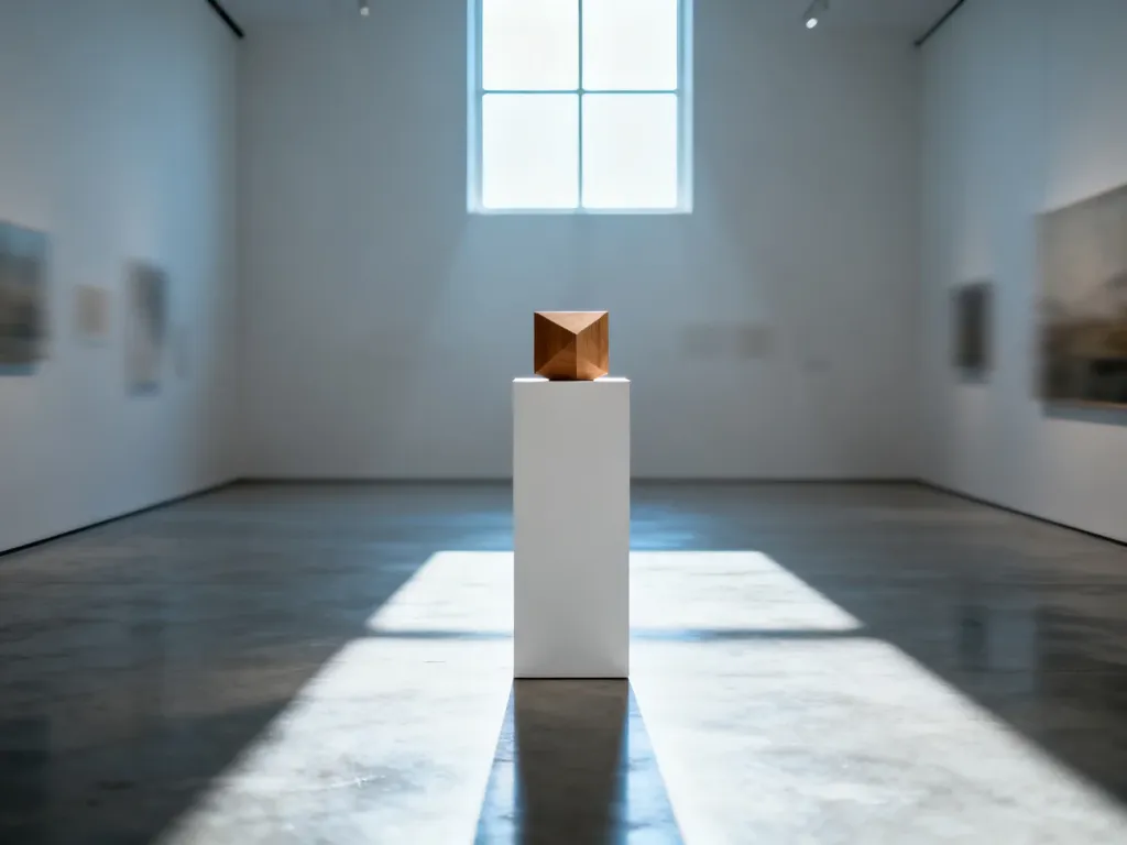 Minimalistyczna galeria sztuki z abstrakcyjną drewnianą kostką na postumencie, ilustrująca estetykę sztuki konceptualnej.