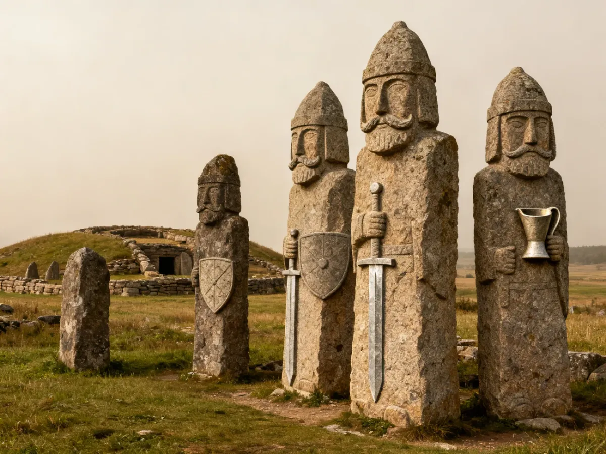 Kamienne baby pruskie na tle dawnego stanowiska archeologicznego