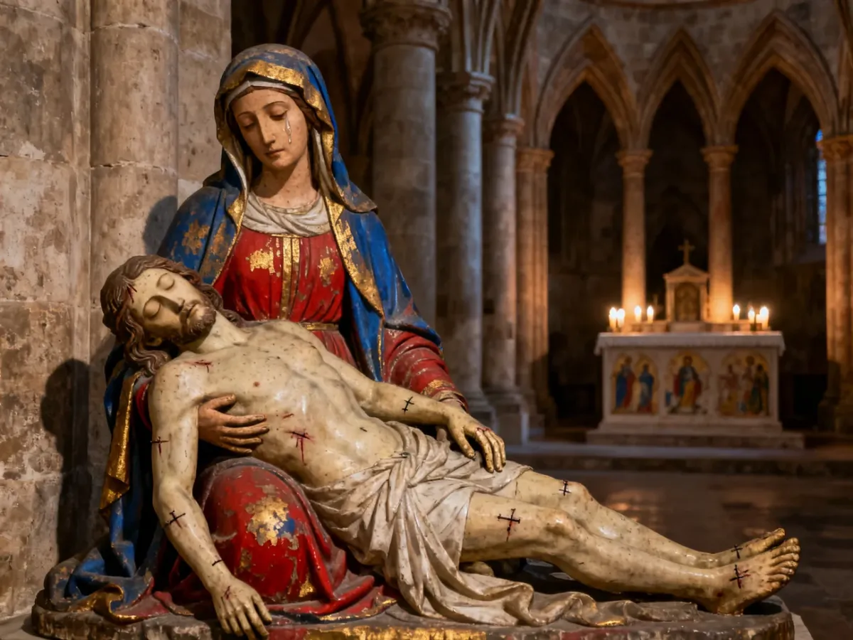 Gotycka Pietà przedstawiająca Maryję trzymającą ciało Chrystusa