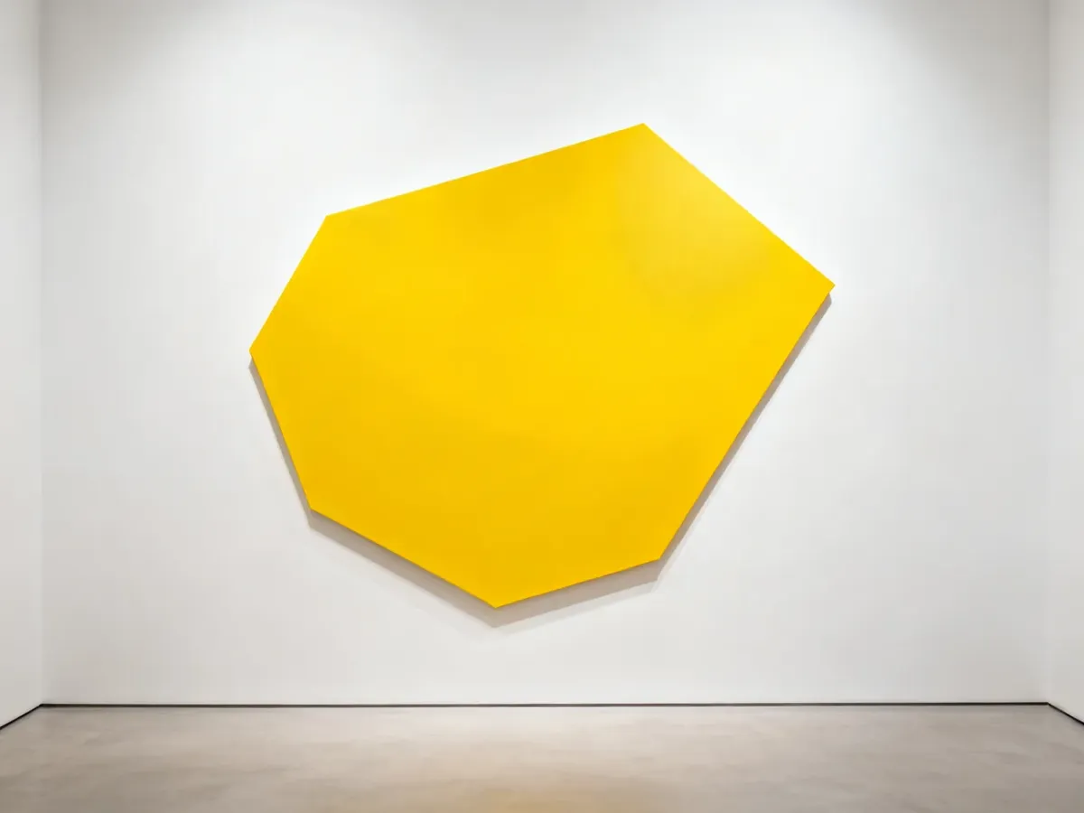 Żółty geometryczny obraz o nieregularnym kształcie w minimalistycznej galerii