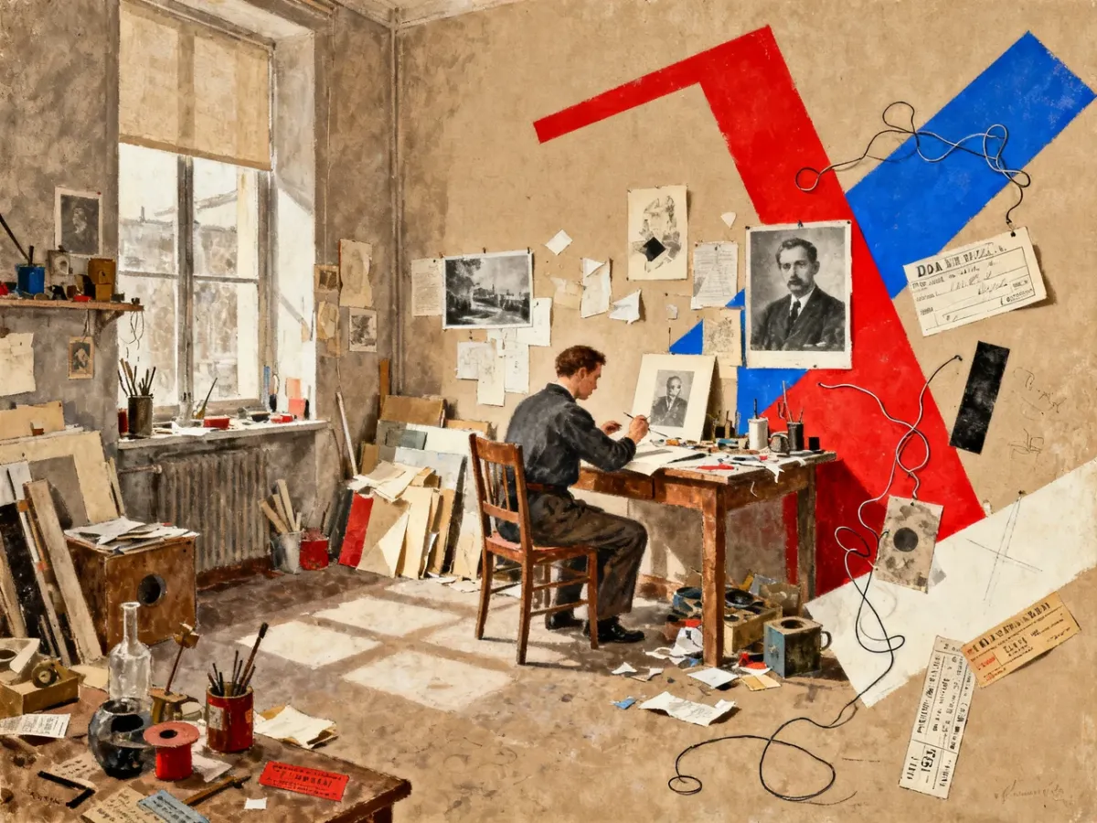 Artists working on dadaist collages and assemblages in an avant-garde studio