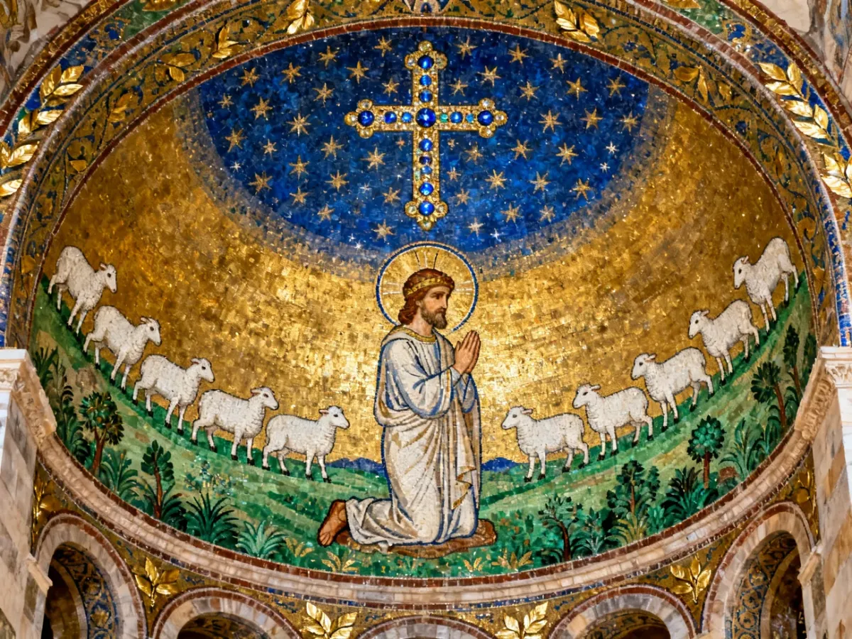 Mozaika absydialna z apostołem Apolinarym, krzyżem i dwunastoma owcami