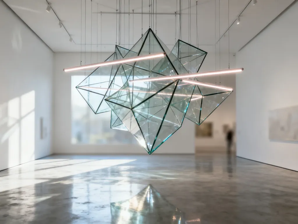 Abstrakcyjna instalacja z geometrycznego szkła i neonów w minimalistycznej galerii, wypełniona światłem poranka.