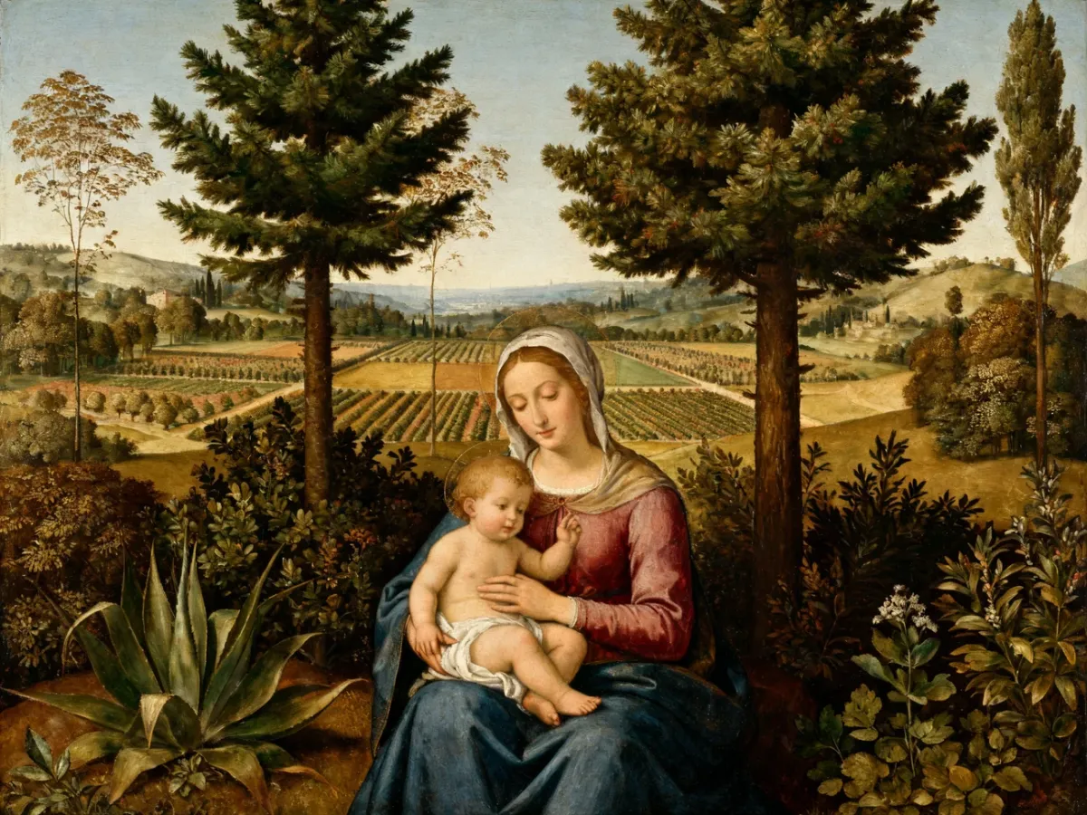 Renesansowa Madonna z Dzieciątkiem na tle szczegółowego leśnego krajobrazu