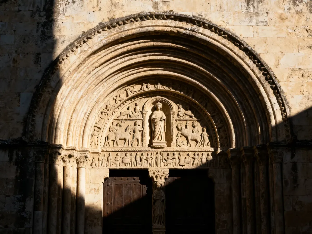 Ozdobiony rzeźbami portal romański z archiwoltami i tympanonem